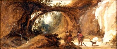 Een rotsachtig landschap met sporters op een pad door Joos de (follower of) Momper