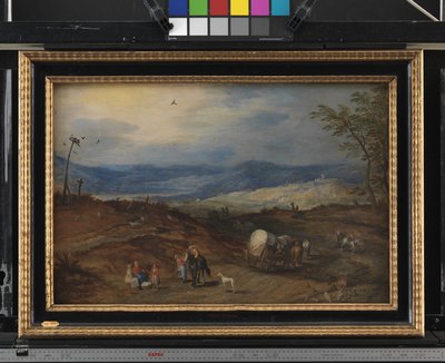 Landschap met een weg langs een executieplaats door Joos de II Momper