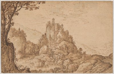 Een kasteel op een rots in een berglandschap door Joos de Momper II