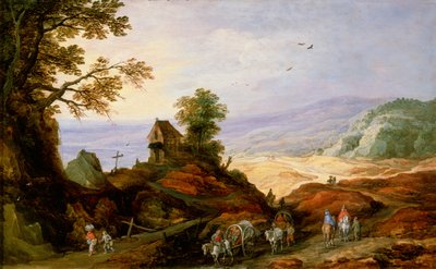 Landschap met een Kapel op een Heuvel, late 16e of 17e eeuw door Joos de Momper the younger