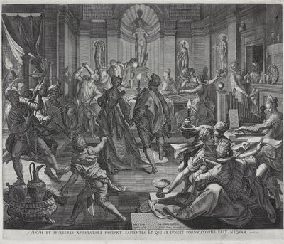 Een huis van slechte faam, gegraveerd door Johannes Sadeler I door Joos or Jodocus van (after) Winghe