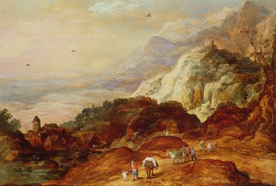 Een Bergachtig Landschap met Figuren en Muilezels door Joos or Josse de Momper