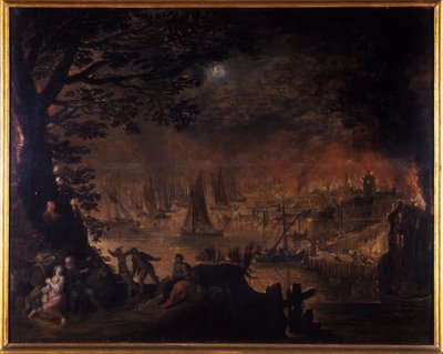 Brandende stad aan zee door Joos or Josse de Momper