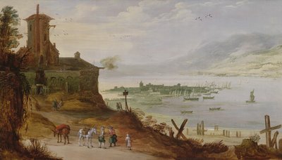 Heuvelstad met uitzicht op een haven door Joos or Josse de Momper