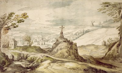 Bergachtig Landschap met een Kruis door Joos or Josse de Momper