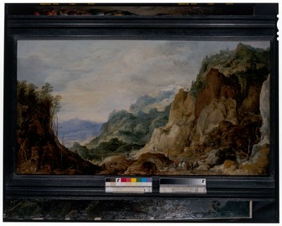 Een panoramisch berglandschap met gezellen die aan de armen geven, pakpaarden verderop door Joos or Josse de The Younger Momper