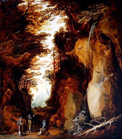 Een Alpenlandschap met Reizigers door Joos or Josse de The Younger Momper
