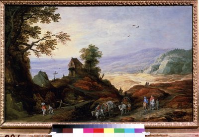 Landschap met een kapel op een heuvel door Joos or Josse de The Younger Momper
