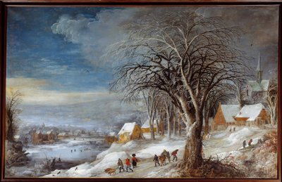 Winterlandschap. Schilderij door Josse II Momper (Ec. Flam.) door Joos or Josse de The Younger Momper