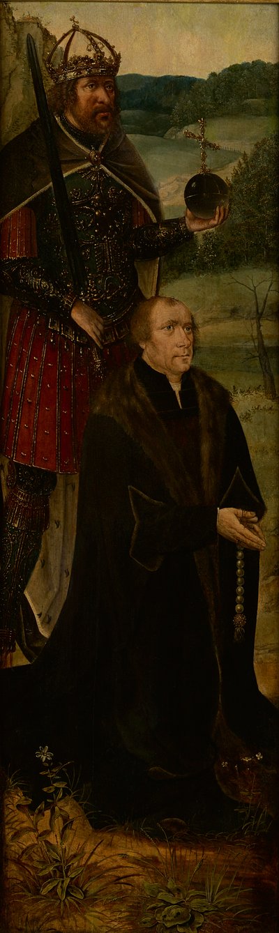 Koning Constantijn en een schenker; een vleugel van een altaarstuk door Joos van (follower of) Cleve