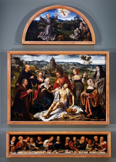 Altaarstuk van de kruisafneming, met de stigmata van St. Franciscus, de kruisafneming van Christus en het Laatste Avondmaal uit de kerk van de Minderbroeders in Genua, c.1520 door Joos van Cleve