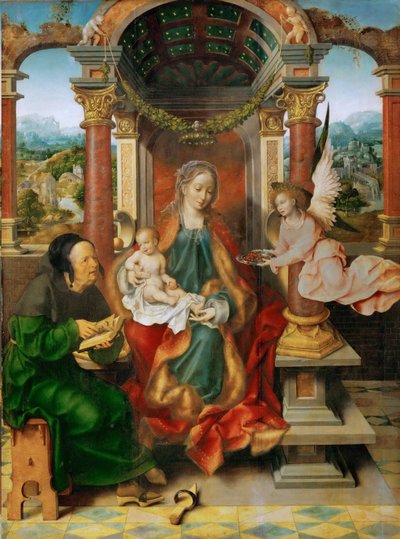 Vroeg-Nederlandse kunst: De Madonna en Kind met Sint-Jozef (gevleugeld altaar, centraal paneel) door Cleve, Joos van (ca. 1485-1540), ca. 1530 door Joos van Cleve