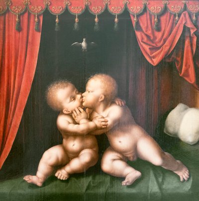 Heilige kinderen St. Johannes de Doper en Christus omhelzen elkaar door Joos van Cleve
