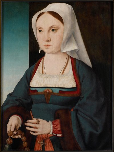 Portret van een jonge dame met een rozenkrans door Joos van Cleve