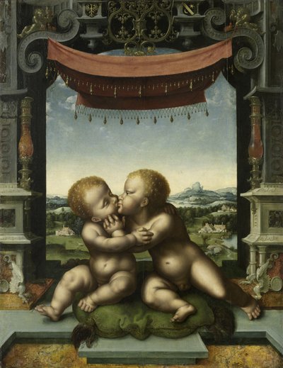 De kinderen Christus en Sint Jan de Doper die elkaar omarmen door Joos van Cleve