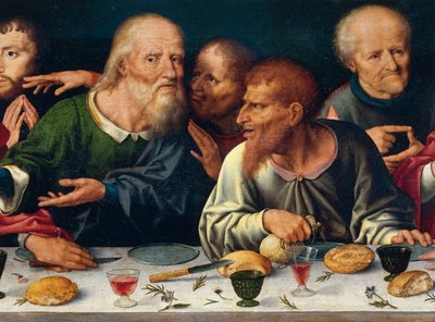 Het Laatste Avondmaal, Judas en de andere apostelen, Joos van Cleve (1485-1540 ca), altaarstuk uit de kerk van Frati Minori in Genua, Italië door Joos van Cleve