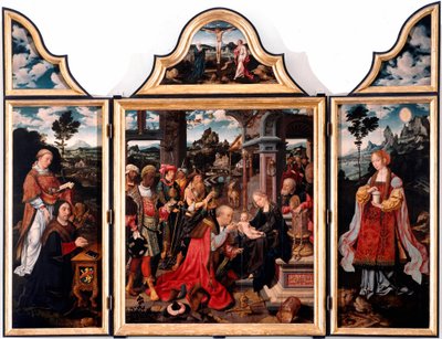 Drieluik van Aanbidding der Wijzen. Schilderij op hout door Joos Van Cleve de jonge (1485-1540) 1515 Dim. 260x200 cm Genua, Kerk van San Donato door Joos van Cleve