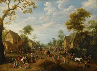 Een dorpskermesse met talrijke boeren die feest vieren door Joost Cornelisz Droochsloot