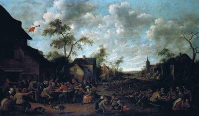 Boeren die feestvieren in een dorp, 1661 door Joost Cornelisz. Droochsloot