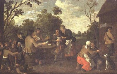 Boeren die kaarten spelen en kinderen die vechten door Joost Cornelisz. Droochsloot