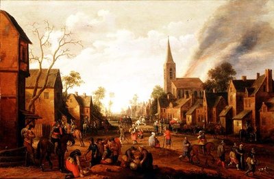 Soldaten die een dorp plunderen door Joost Cornelisz. Droochsloot