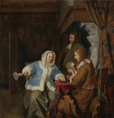 Kaartspelers in een interieur door Joost van Geel