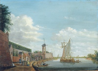 Een rivierlandschap met elegante stadsbewoners die langs een stadsmuur wandelen, ca. 1776 door Jordanus Hoorn
