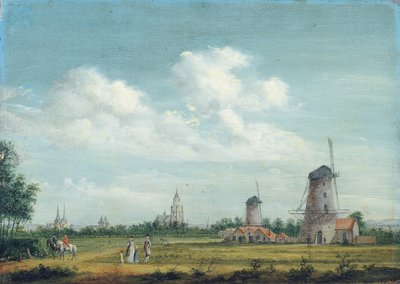 Een uitzicht op Arnhem met de St. Walburgskerk links en de Grote Kerk rechts, elegante stadsbewoners wandelen in de buurt, 1776 door Jordanus Hoorn