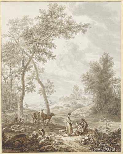 Jakob met Rachel en Lea in landschap door Jordanus Hoorn
