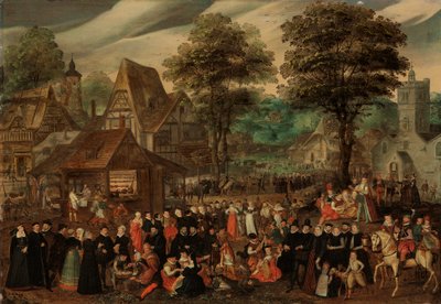 Een dorpsfeest met elegant geklede figuren in processie, een rivier en toren op de achtergrond door Joris Hoefnagel