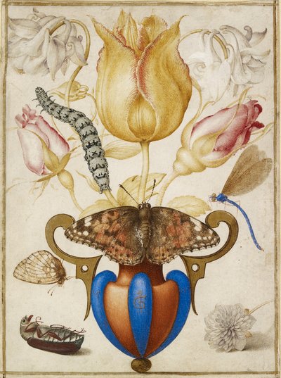 Schikking van bloemen in een vaas, met insecten, 1594 door Joris Hoefnagel