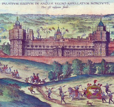 Aankomst van koningin Elizabeth I in Nonsuch Palace (detail) door Joris Hoefnagel