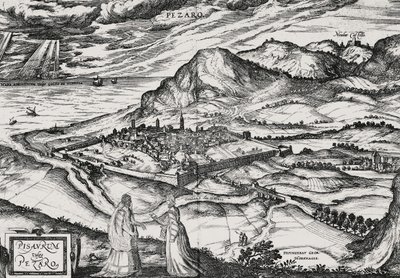 Stad Pesaro, gravure door Joris Hoefnagel (1542-1601) door Joris Hoefnagel