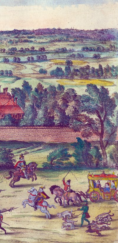 Hovelingen en jachthonden begeleiden de aankomst van koningin Elizabeth I in Nonsuch Palace (detail) door Joris Hoefnagel