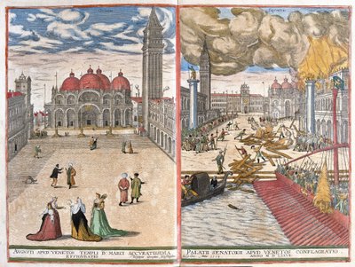 Venetië, Italië: kerk van San Marco en de brand in het Venetiaanse Dogepaleis in 1577 (tekening) door Joris Hoefnagel