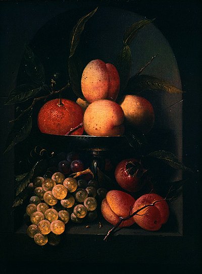 Een tazza van fruit in een stenen nis door Joris van Son