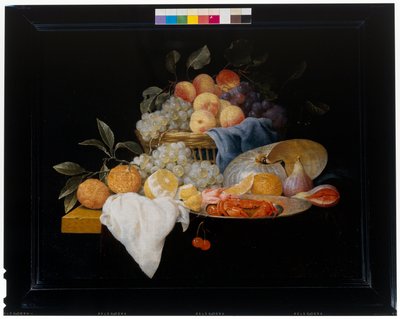 Stilleven met fruit en garnalen door Joris van Son
