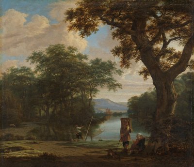 Landschap met visser met een vierkant net door Joris van der Haagen