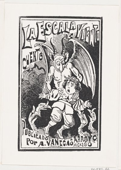 Een demon houdt een jonge jongen bij zijn schouders boven een groep gieren door José Guadalupe Posada