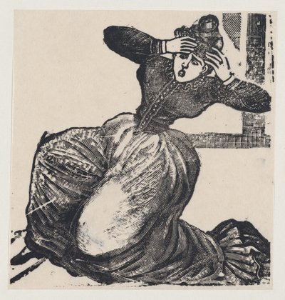 Een hijgende vrouw op de grond met haar handen opgeheven naar haar hoofd, uit een pamflet getiteld..., 1893 door José Guadalupe Posada