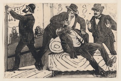 Een man steekt een andere man in de borst terwijl zijn handlangers een winkel plunderen, ca. 1890-1891 door José Guadalupe Posada