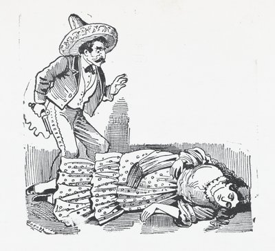 Een man met een geweer die over een vrouw staat die hij net heeft neergeschoten, ca. 1880-1910 door José Guadalupe Posada