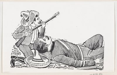 Een revolutionair met een geweer en knielend om een gevallen revolutionair te beschermen, ca. 1880-1910 door José Guadalupe Posada