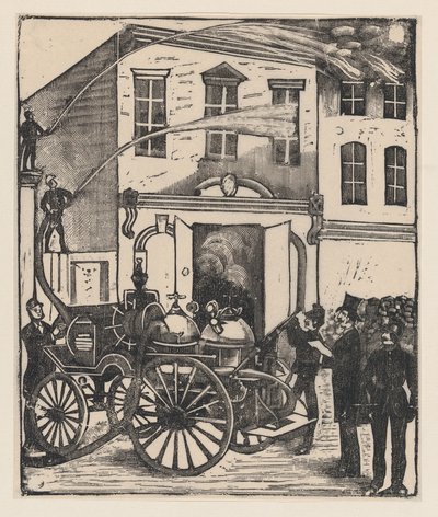 Brandweerlieden blussen een brand in een huis, brandweerwagen op de voorgrond, ca. 1880-1910 door José Guadalupe Posada