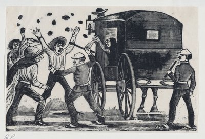 Mannen vechten bij een paard en wagen, ca. 1900-1910 door José Guadalupe Posada