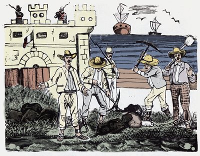 De Mexicaanse Revolutie (1910-1920): Groepen gevangenen aan dwangarbeid - Houtsnede door Jose Guadalupe Posada (1852-1913) door José Guadalupe Posada