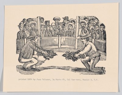 Twee mannen in een arena met hanen ter voorbereiding op een gevecht, ca. 1890-1910 herdrukt 1964 door José Guadalupe Posada