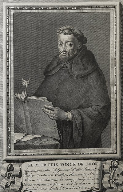Portret van Fray Luis de Leon. 1791. LEON, Fray Luis de (1528-1591). Spaanse dichter, prozaschrijver, theoloog en Augustijns filosoof. Gravure. SPANJE. CASTILIË EN LEON. Salamanca. Bibliotheek van de Universiteit van Salamanca door Jose (after) Maea