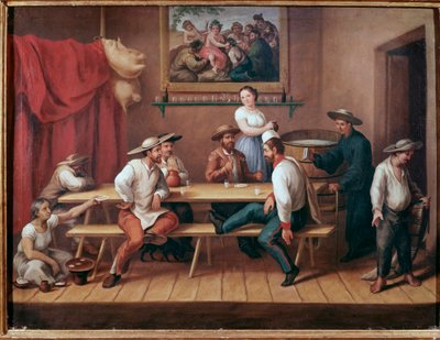 Een pulqueria. Taverne in Zuid-Amerika, gasten drinken pulque (traditionele Meso-Amerikaanse alcoholische drank) door Jose Agustin Arrieta