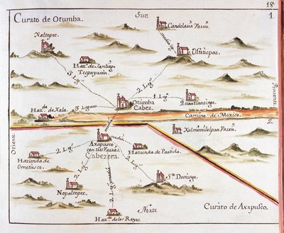 Plan van het aartsbisdom Mexico. Parochie van Otumba en parochie van Axapulco. 1767. Gravure door Jose Antonio Alzate door Jose Antonio Alzate